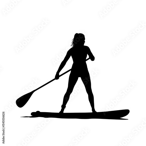 Female paddle boarder practicing balance and paddling, silhouette showing healthy outdoor lifestyle and summer water sport activity