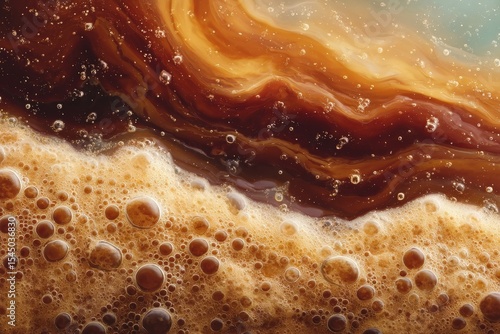Rich brown liquid with frothy bubbles creates a captivating swirl pattern against a light background in this close-up view