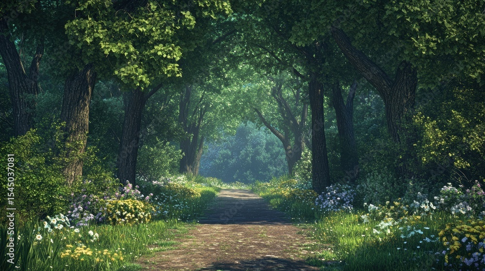 Obraz premium Serene Pathway Through Enchanted Forest Sunlight Filtering Through Trees Flowers Lining Path