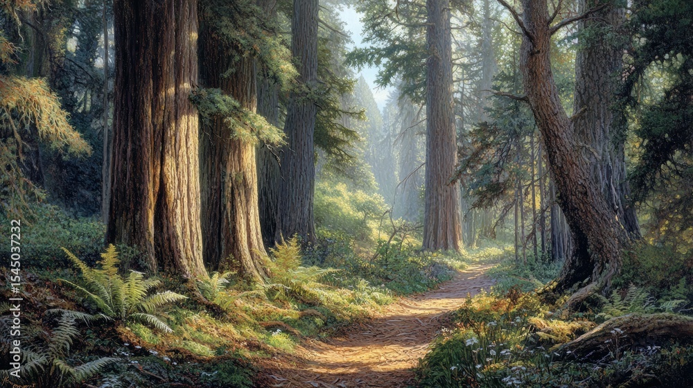 Obraz premium Sun-Dappled Path Through Towering Redwood Forest Trees California Nature Trail