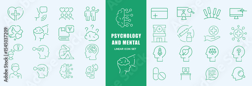Psychology and mental icons set. Containing depression, anxiety, stress, mental care, empathy, loneliness, bipolar, PTSD, psychology symbol, panic, mind disorder and more. Vector illustration