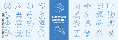 Psychology and mental icons set. Containing depression, anxiety, stress, mental care, empathy, loneliness, bipolar, PTSD, psychology symbol, panic, mind disorder and more. Vector illustration