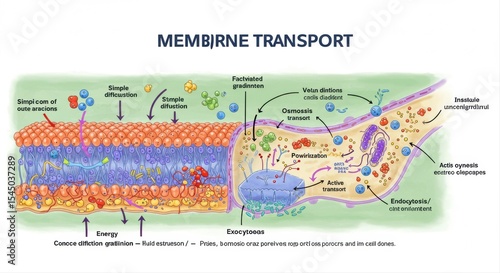 Illustration Depicting Membrane Transport Mechanisms in a Biological Cell