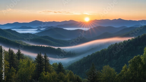 Majestic Sunrise Over Blue Ridge Mountains with Foggy Valleys Landscape Scenery