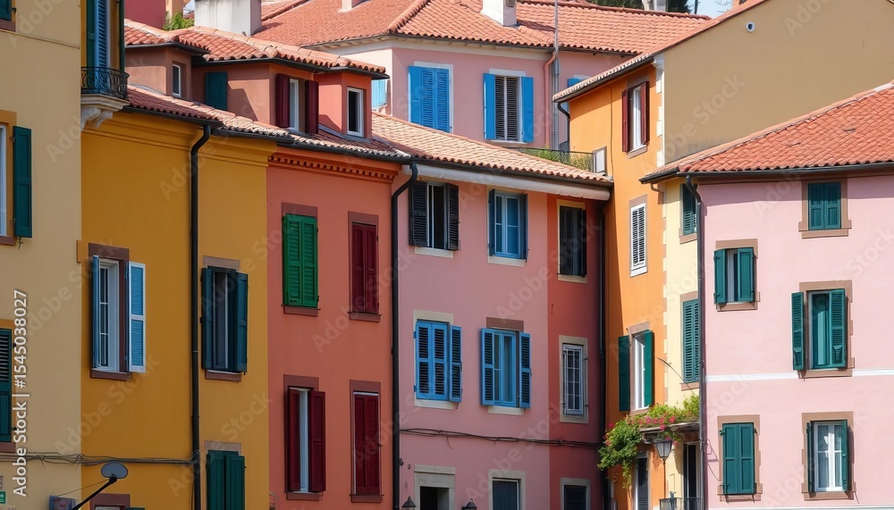 Fototapeta premium Vibrant stucco buildings, colorful shutters, terracotta rooftops, italian, vibrant