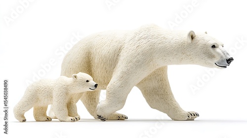 Toy Polar Bear and Cub Standing Together on a Plain White Background Studio Shot