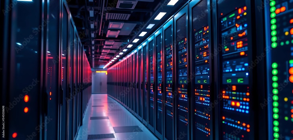 Obraz premium Rows of powerful servers in a modern data center, lights blinking, big data analytics, information technology