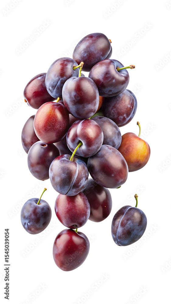 Obraz premium A heap of ripe and juicy plums on a white background isolated