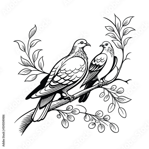 Beautiful doves perched on a branch with leaves bird pair in love