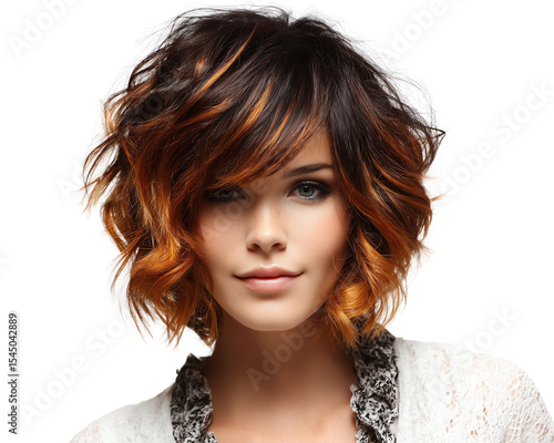 Shaggy bob with textured ends and cowboy copper highlights on black hair, cowboy copper highlights black hair shaggy bob, cowboy copper highlights black shag cut on white background