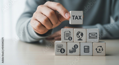 Hand placing a tax block on top of other blocks with financial icons on a light surface view