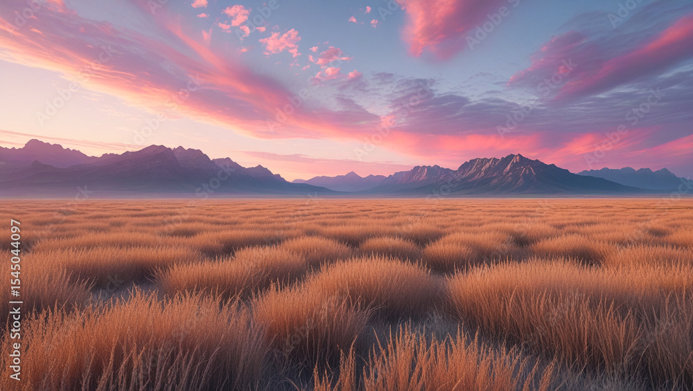 Fototapeta premium A breathtaking sunset over a vast desert landscape with mountains in the distance, showcasing a vibrant pink and orange sky