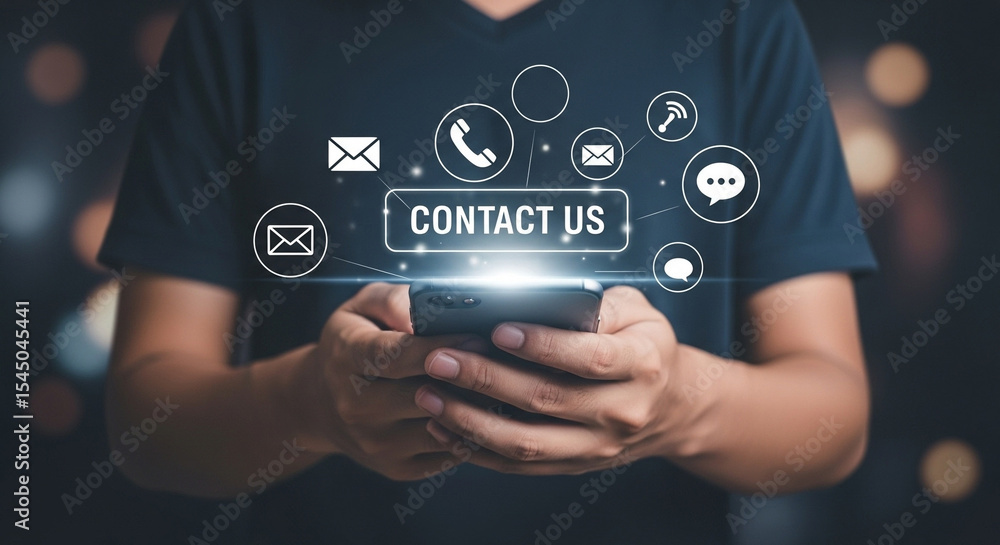 Person holding smartphone with contact us message and communication icons floating above device Person holding smartphone with contact us message and communication icons floating above device