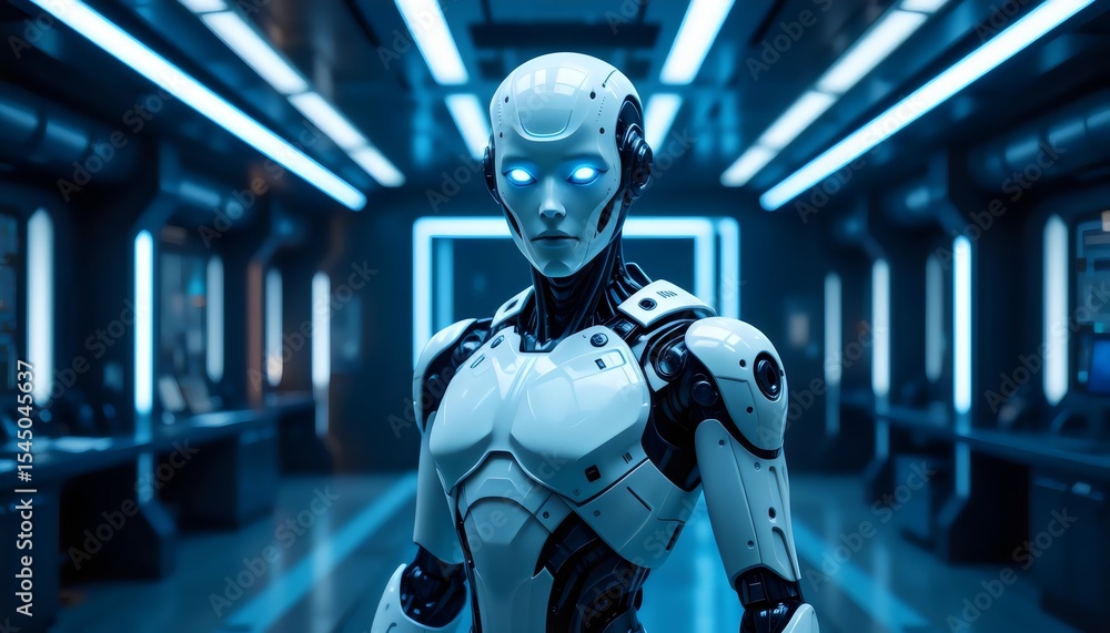 A sleek white android stands in a futuristic corridor embodying advanced artificial intelligence and technological innovation A sleek white android stands in a futuristic corridor embodying advanced artificial intelligence and technological innovation
