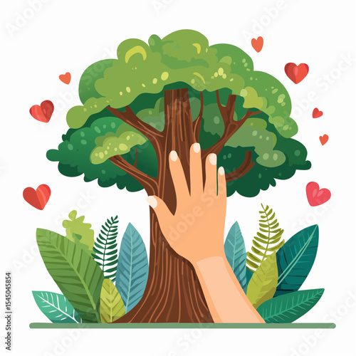 Human hand touching tree in rainforest,love nature concept