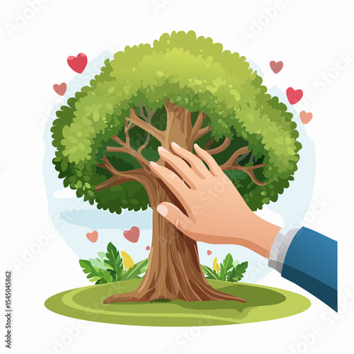 Human hand touching tree in rainforest,love nature concept