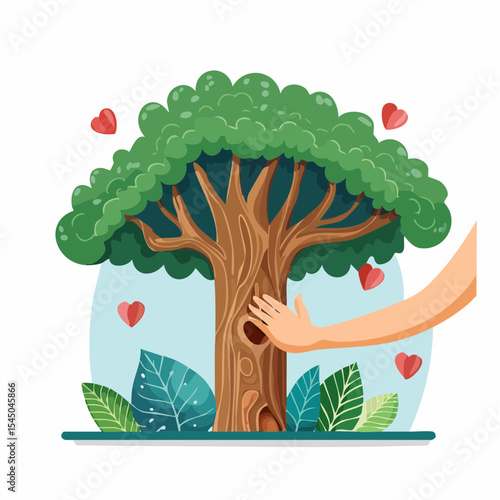 Human hand touching tree in rainforest,love nature concept