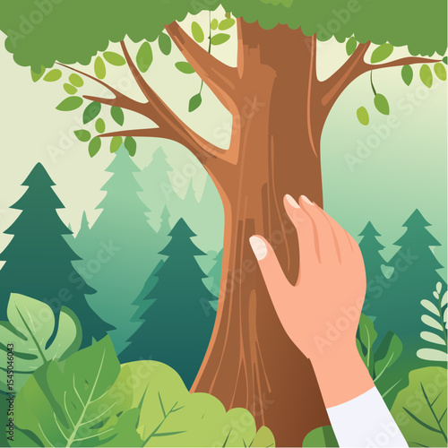 Human hand touching tree in rainforest,love nature concept