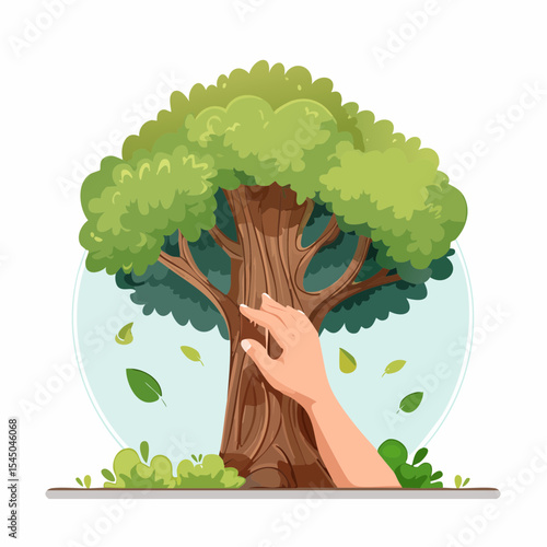 Human hand touching tree in rainforest,love nature concept