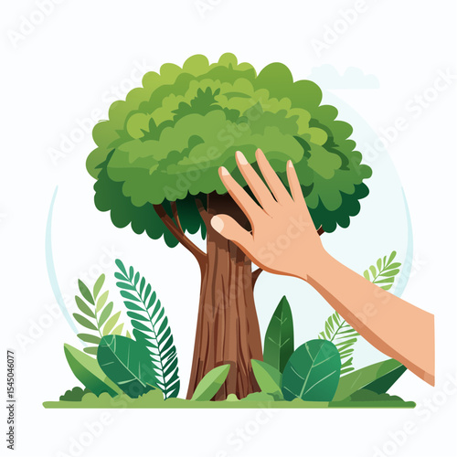 Human hand touching tree in rainforest,love nature concept