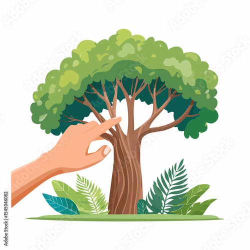 Human hand touching tree in rainforest,love nature concept