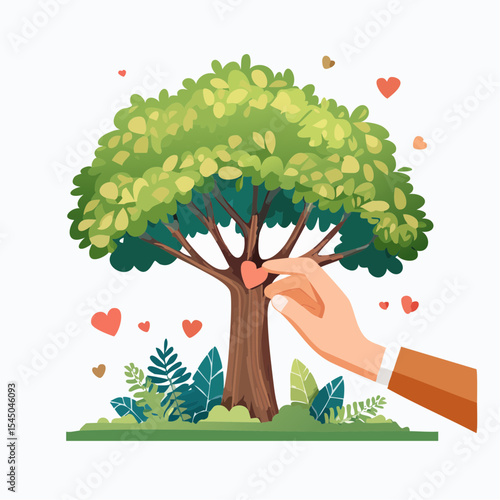 Human hand touching tree in rainforest,love nature concept