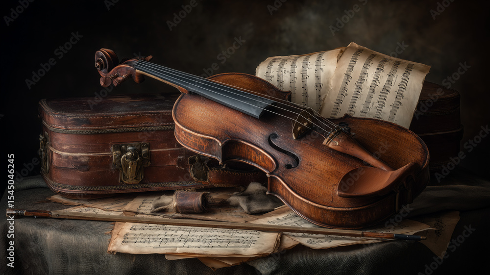 Fototapeta premium A still life of old violin cracked leather case and fading music sheets symbolizing family tradition with moody lighting real photo stock photography