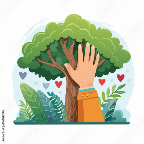 Human hand touching tree in rainforest,love nature concept