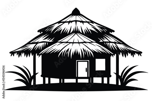 Tropical Hut Silhouette with Thatched Roof, Open Door, and Grass Detail Illustration