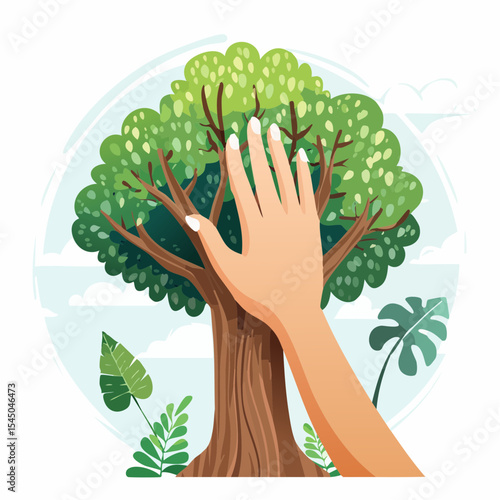 Human hand touching tree in rainforest,love nature concept