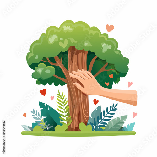 Human hand touching tree in rainforest,love nature concept