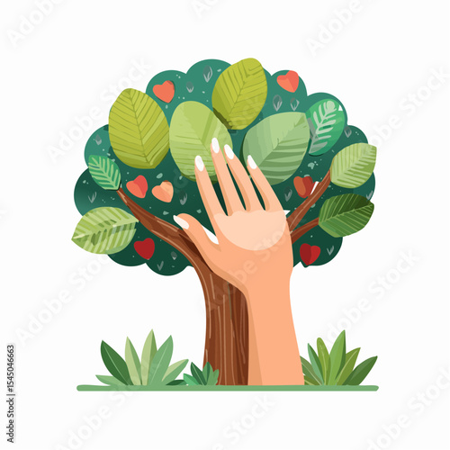 Human hand touching tree in rainforest,love nature concept