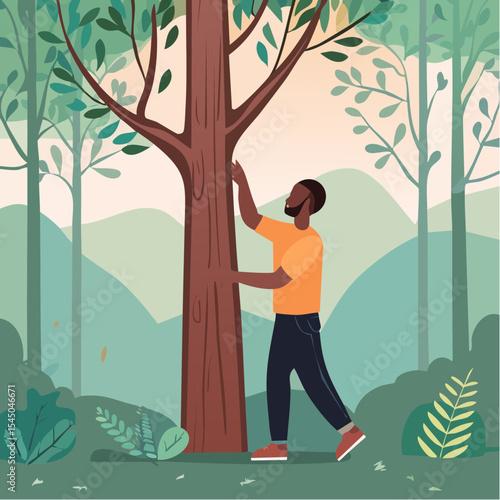 Human hand touching tree in rainforest,love nature concept