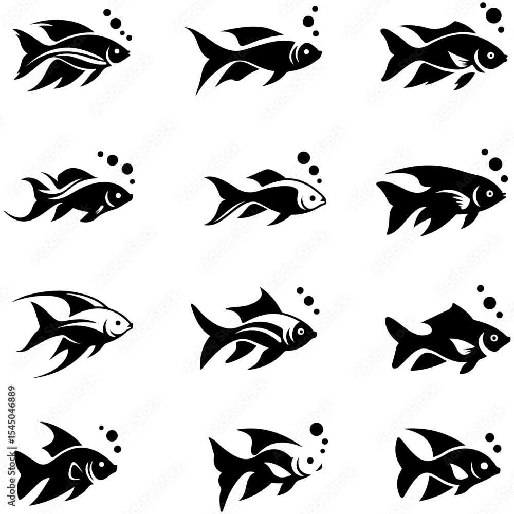 Naklejka premium A vector set of benthic fish fauna, featuring the unique silhouettes of mysterious deep ocean floor dwellers