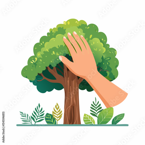 Human hand touching tree in rainforest,love nature concept