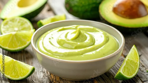 Creamy Avocado Dip in Bowl with Fresh Lime Wedges and Whole Avocados on Rustic Wooden Table, Featuring Green and Creamy Texture