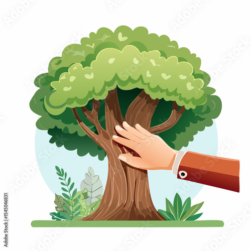 Human hand touching tree in rainforest,love nature concept