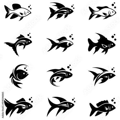 A definitive collection of game fishing and angling icons, this vector silhouette set features many popular sport fish