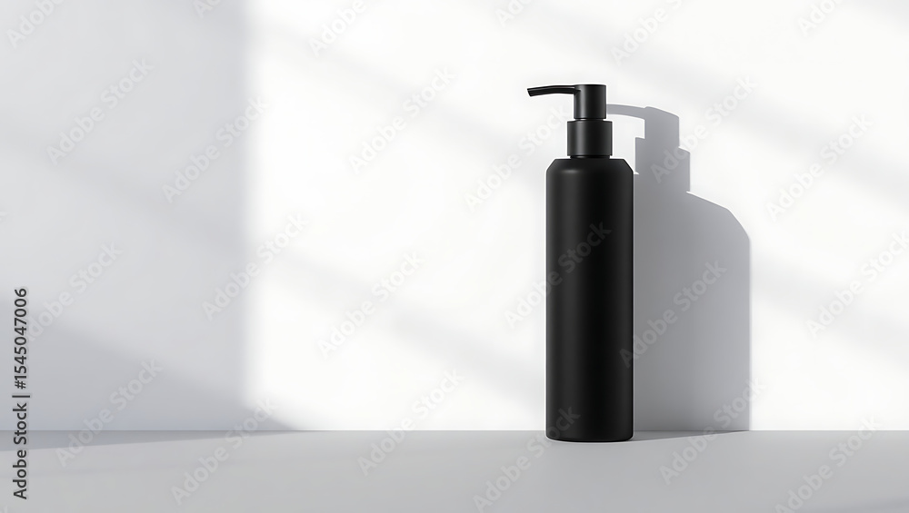 Minimalist black pump bottle with pump dispenser on a white surface with shadow and light pattern Minimalist black pump bottle with pump dispenser on a white surface with shadow and light pattern