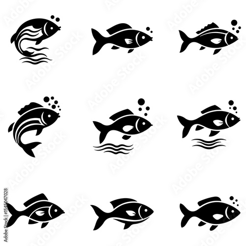 This graphic collection of maritime fish icons contains a huge variety of vector silhouettes from many different oceanic species