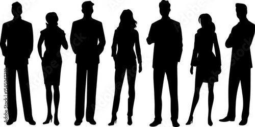Vector silhouettes of men and a women, a group of standing business people silhouettes