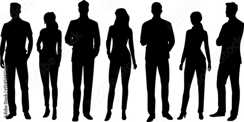 Vector silhouettes of men and a women, a group of standing business people silhouettes
