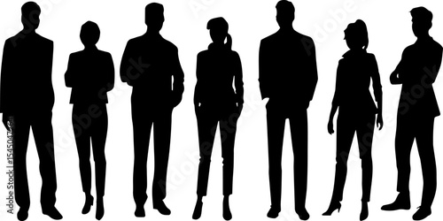 Vector silhouettes of men and a women, a group of standing business people silhouettes