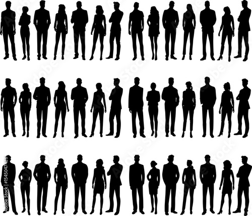 Vector silhouettes of men and a women, a group of standing business people silhouettes, bundles 