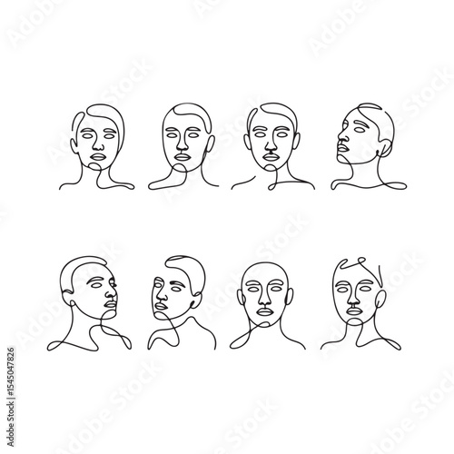 Eight abstract one line faces set isolated on white background