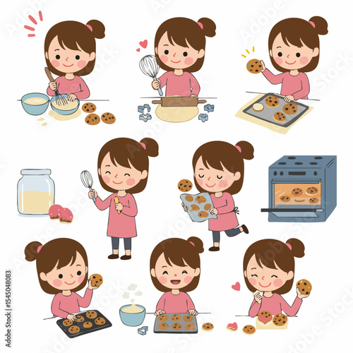 Baking Process: A delightful illustration of the baking process, showcasing a charming person crafting delicious cookies step by step, with each stage meticulously portrayed.