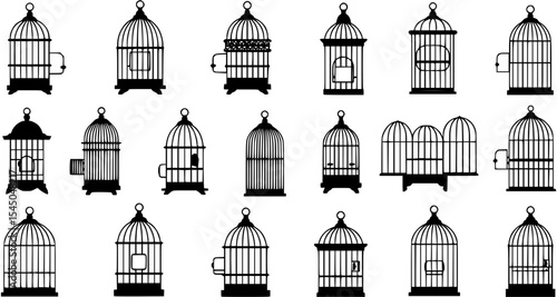 Birdcage silhouette icon set. avian enclosure and pet cage symbols

