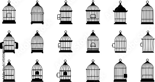 Birdcage silhouette icon set. avian enclosure and pet cage symbols
