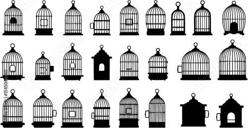 Birdcage silhouette icon set. avian enclosure and pet cage symbols
