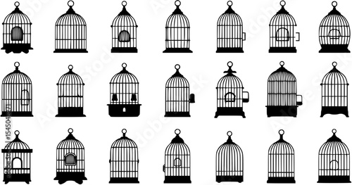 Birdcage silhouette icon set. avian enclosure and pet cage symbols
